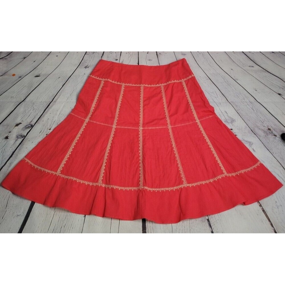 Vintage David Brooks Red Embroidered Stitching Flare Skirt Sz 8 Midi Side Zip